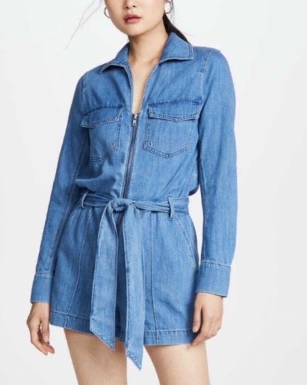 Veronica Beard Jean Denim Long Sleeve Zip Front Romper Blue S